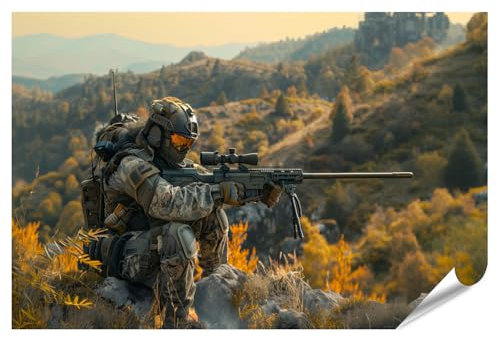 islandburner Prime XXL Bild Poster Soldat im Herbstwald mit Scharfschützengewehr für Wohnzimmer Geschichtsinteressierte Kanzlei Premium Bilder Fotodruck