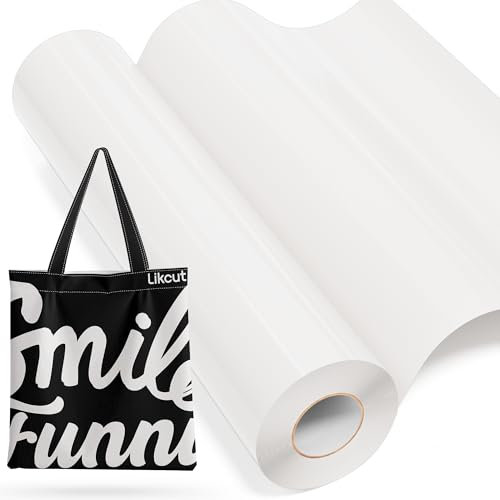 LIKCUT Plotterfolie Textil Weiß, 30,5 cm x 6,1 m Flexfolie Plotter Textil für alle plottermaschine, Bügelfolie für Textilien, Iron on Folie für DIY Shirts Aufbügeln