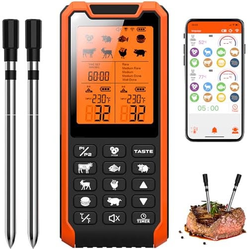 Fileeyn Smarte Fleischthermometer Kabelloses Bluetooth mit 2 Sonden, LCD Display, 500FT Bluetooth Reichweite, 550°F Heat Resistance, APP Steuerung, Grillthermometer für BBQ, Grill, Smoker, Ofen