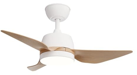 Sulion Ventilador de Techo MARINA Luz LED 24W Regulable – Motor DC Silencioso, Palas de Color Madera Clara, IP44, 5 Velocidades, Temporizador, Función Invierno-Verano, Ø86 cm