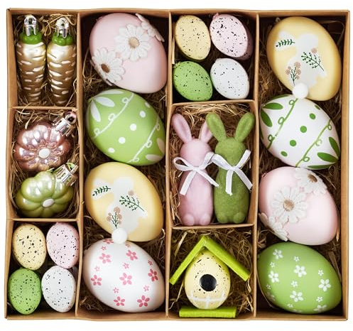Valery Madelyn 31er Ostereier zum Aufhängen für Osterdeko,Rosa Grün Osterhänger Set für Frühlingsdeko, mit Beflocktes Hasen & Möhren, Blumen für Osterkörbchen Osterbaum,Ostern Geschenke,3-7cm