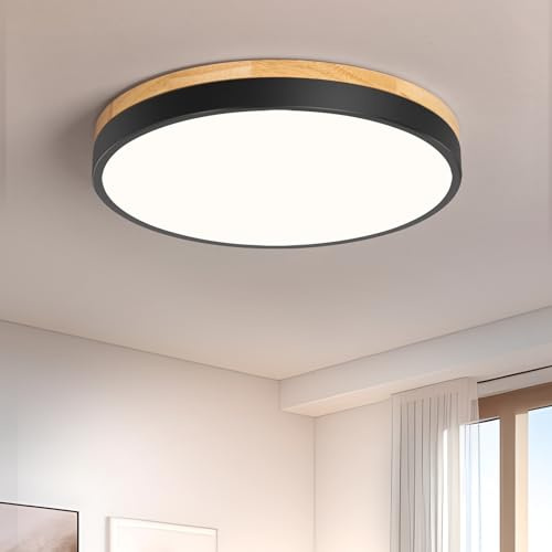 Vikaey Deckenlampe Schwarz, LED Deckenleuchte, 4000K, 24W, Ø30 cm | Moderne Metall und Holz Lampe, für Wohnzimmer, Flur, Studie, Küche, Bad, Esszimmer