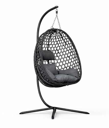 MEVEN Aura | Hängesessel mit Gestell Graphit Hängekorb Outdoor & Indoor | Schwebesessel Inklusive XXL Kissen Belastbarkeit 110kg | Luxus Korbsessel für Garten Balkon und Wohnzimmer Design Schaukel