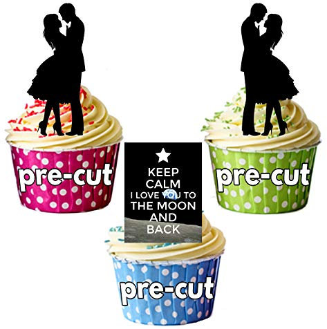 Keep Calm I Love You To The Moon And Back, Silhouette love Mix – essbar Stand-up Cupcake Topper (Pack von 12)