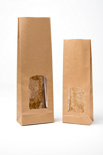 Sacchetti buste in carta millerighe con 3 finestre per alimenti (biscotti, pasta, caramelle, confetti) 80+50x280 mm (100pz.)