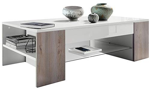 Vladon Couchtisch Clip, Made in Germany, Wohnzimmertisch mit 2 Seitenfächern und 1 Glasplatte, Weiß matt/Eiche Nordic (118 x 37 x 60 cm)