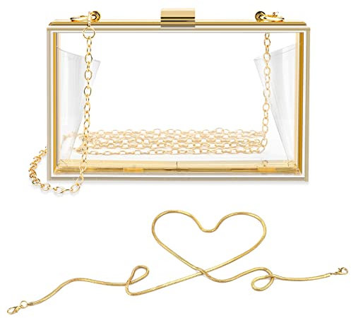 Damen Klare Geldbörse, Acryl Klare Clutch Bag, Durchsichtig Stadion Genehmigt Crossbody Schulter Abendhandtasche mit 2 abnehmbaren Ketten für Hochzeit, Party (Gold)