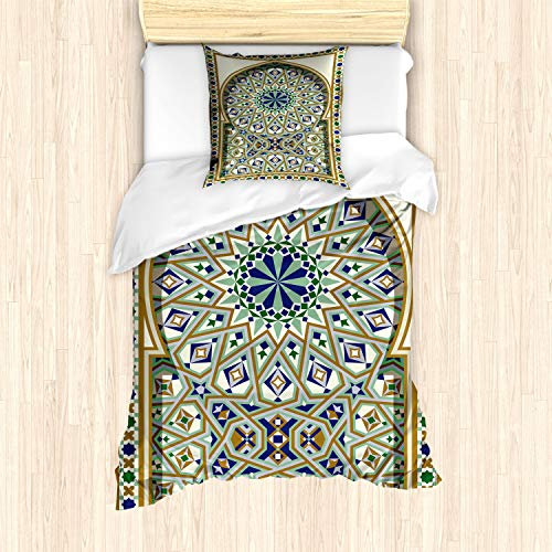 ABAKUHAUS Türkisch-Muster Bettbezug Set, Bogen, Milbensicher Allergiker geeignet mit Kissenbezügen, 135 cm x 200 cm - 80 x 80 cm, Caramel Grün Indigo