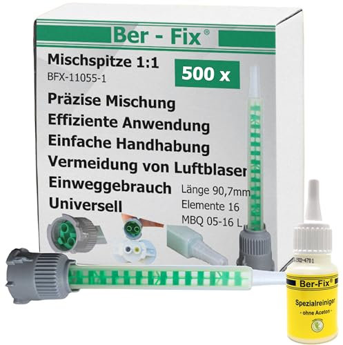 Ber-Fix 500x Statikmischer 1:1 MBQ 05-16L B-System für 2K-Epoxidharz, Zweikomponentenkleber-Mischrohr, Effiziente Mischung bei 2K Kleber Ber-Fix + Reiniger