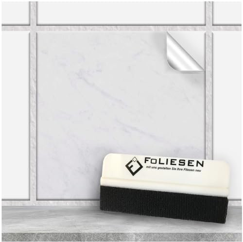 FoLIESEN - Fliesenaufkleber 15x15 cm | selbstklebende Fliesen-Folie für Bad & Küche | Klebe-Folie für Wandfliesen & Küchenrückwände | 200 Klebefliesen + Rakel, .:White Marble - 15x15 cm