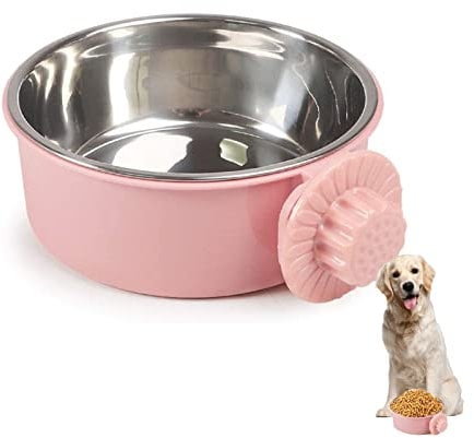 Pet Crate Bowls, Stainless Steel Dog Cage Hanging Bowl Removable Food Water Bowls for Dogs Cats Small Animals (PINK)