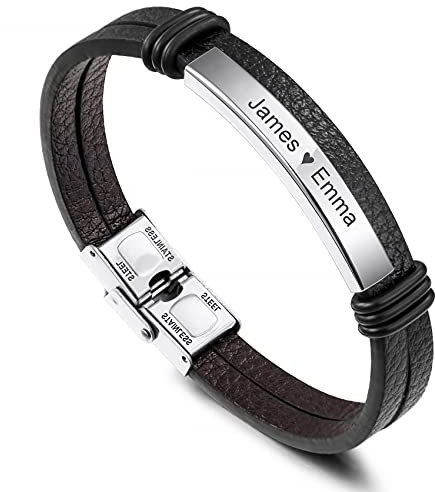 MunkiMix Benutzerdefinierter Namenstext Datum Armbänder Geschenke für Männer Jungen Freund Brüder Vatertag Paare Geflochtenes Armband Leder Anpassbare Edelstahl ID Tag Schmuck (A1)