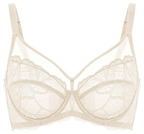DOBREVA Women's Lace Full Coverage Minimiser Bra | Unlined, Underwire, See Through, Sheer, Plus Size