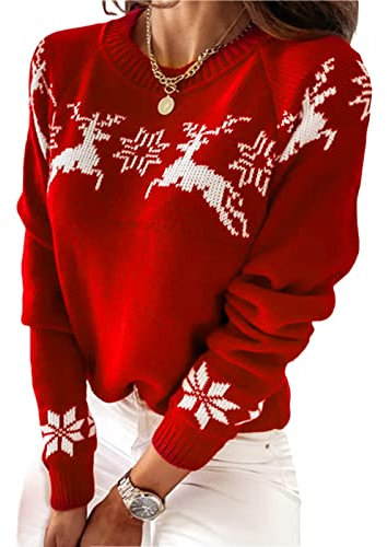 Loalirando Maglione di Natale da Donna Elegante Maglia Donna Invernale Natalizia Manica Lunga Girocollo Caldo Pullover (E-Rosso, Medium)