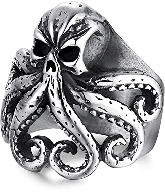 BlackAmazement 316L Edelstahl Ring Totenkopf Oktopus Krake Skull Schädel silber schwarz Biker Herren