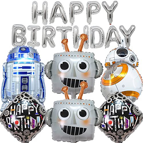 MEZHEN Geburtstag Deko Roboter Folienballon Geburtstagsparty Deko Ballons Roboter Luftballon Girlande Happy Birthday Banner Kindergeburtstag Geburtstagsdeko