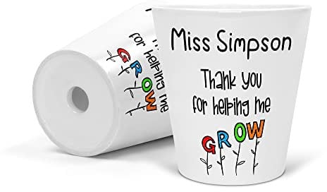 Personalised Teacher Flower Pot – Colourful “Thank You for Helping Me Grow” Planter – Custom End of Term Gift for Nursery Teacher, TA or Assistant – Ceramic Plant Pot