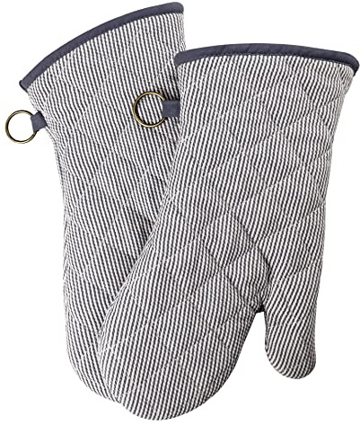1 Pair Yarn Dyed Oven Mitts 100% Cotton Heat Resistant 470 Degree Gloves Men Women Cooking Baking Barbecue BBQ Microwave Crafting Machine Washable Pot Holders Mittens (Grey)