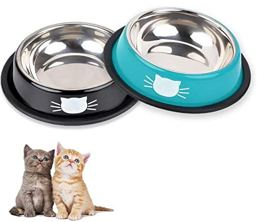 DOMI PRO Cat Bowls 2pc Gray & Black Non-Slip Stainless Steel Cat Bowl Cat Water Bowl Cat Food Bowl Cat Bowls for Kitten (Blue+Black)