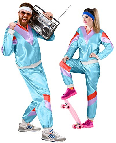 Balinco – Trainingsanzug 80er & 90er Jahre Outfit Retro Unisex – Assi Kostüm für Herren & Damen für Karneval, Fasching, Bad Taste & Mottopartys –Tracksuit Jacke & Hose Größe (XXL) – Hellblau-Lila-Rot