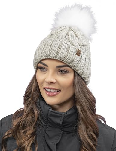 VIVISENCE Wintermütze Mit Bommel Damen Warmes Ideal Für Kalte Wintertage 7014, Beige Melange,Einheitsgröße