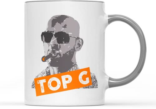 WillowGifts Top G Mug - Novelty Joke Funny Humorous Controversial Opinionated Famous Influencer Internet Meme Personality Kickboxer Sunglasses Cigar Gift Present Tea Coffee Cup (Grey Handle Mug)
