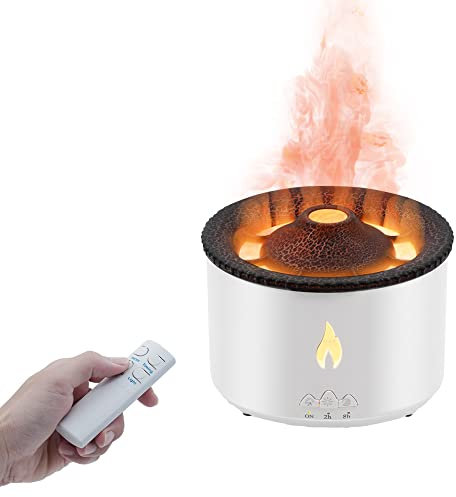 Mcbazel Vulkan Diffuser, 360ML Volcano Diffuser Flamme Aroma Diffusor elektrische Timing-Funktion/Lichtwechsel/Nachtlicht & Fernbedienung Luftbefeuchter Vulkan- Weiß/Crack