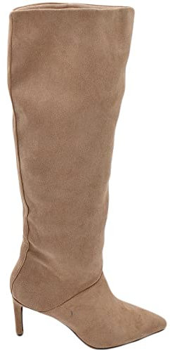 Malu Shoes Stivali alti donna al ginocchio in ecopelle scamosciata beige punta tacco spillo 6 cm zip lunga morbido moda linea Basic (36 EU)