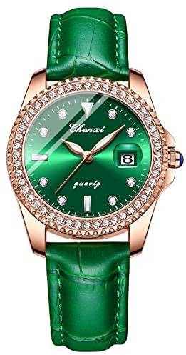 JewelryWe Uhren Damen Analog Quarz Armbanduhr Klassisch Elegant Strass Rechteckig/Rund Datum Kalender 30m Wasserdicht Geschäfts Beiläufige Uhr mit Echtleder Leder Armband