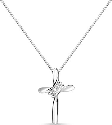 MIORE Diamant Kreuz Kette aus 14 karat 585 Weißgold Panzekette mit Hochglanz Kreuz Anhänger besetzt mit 0.05 carat natürlichen Diamanten, 45 cm lang