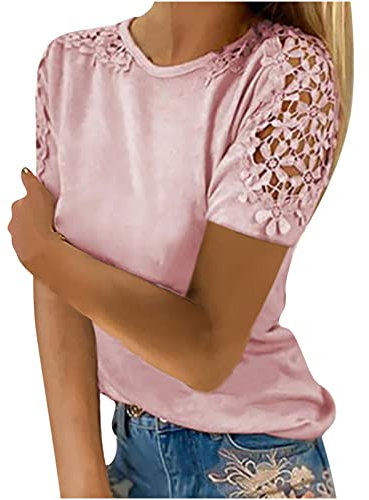 Susenstone Chemise Femme D'Été Élégant Chemisiers Dentelle Col Rond Manches Courtes Casual T-Shirt Mode Épaules Dénudées Shirt Blouse Couleur Unie Ample Casual Hauts Tops Tunique 5XL 01# Rose