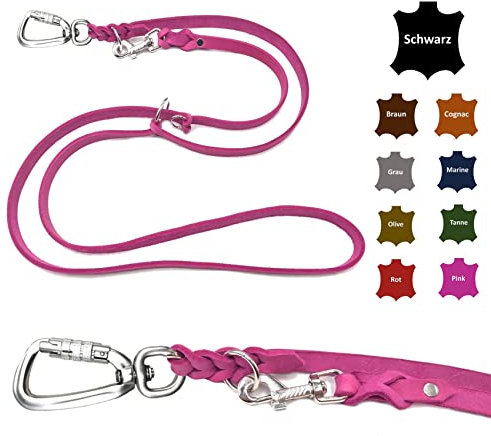 Hundeleine Fettleder mit Sicherheitshaken + Edelstahlringe/Hundeleine große Hunde/Hundeleine Leder bis 100Kg (Pink, 2,40m)