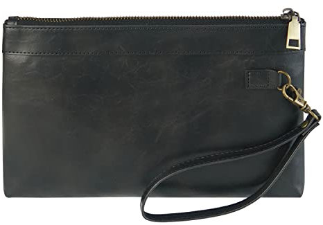 DingGuagua Handgelenktasche für Damen und Herren Leder Business Clutch mit Reißverschluss Geldbörse Unterarmtasche Handtasche Aktentasche Handy Brieftasche Wristlet Purse Portemonnaie,Schwarz