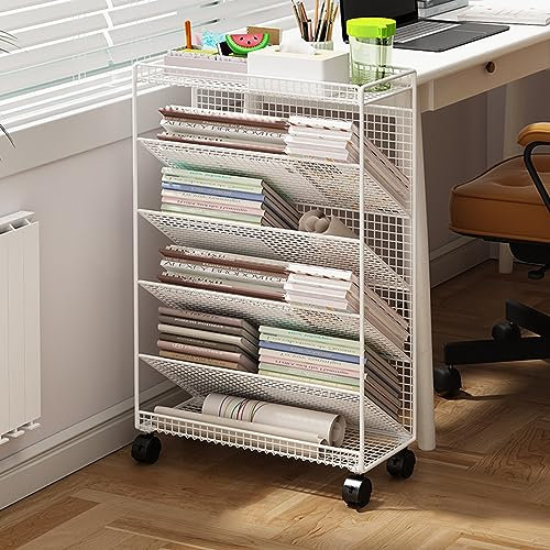 Whemyreat dokumentenablage,Rollwagen mit 5 Etagen,Schreibtisch Akten Organizer auf feststellbaren Rädern,Papier Briefablage Organizer,Netz Schreibtisch Aktenhalter,Aufbewahrungsorganisation(Weiß)