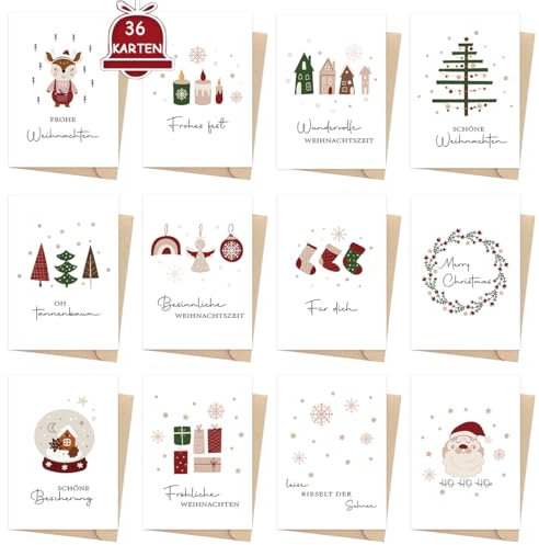 JOYEASE Weihnachtskarten mit Umschlag Set, 36 x verschiedene weihnachtspostkarten im modern Stil, A6 Christmas Cards mit schönen Sprüchen und Mustern