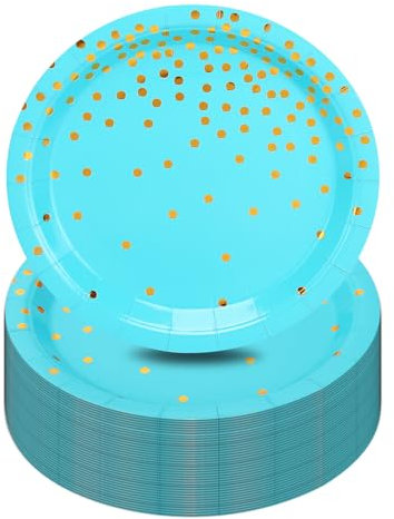 CEILIWEN Piatti di carta blu, 50 pezzi, piatti di carta blu, oro, per feste di compleanno, piatti di carta, piatti di carta, stoviglie rotonde, piatti di carta blu, compleanno, 7 pollici/18 cm
