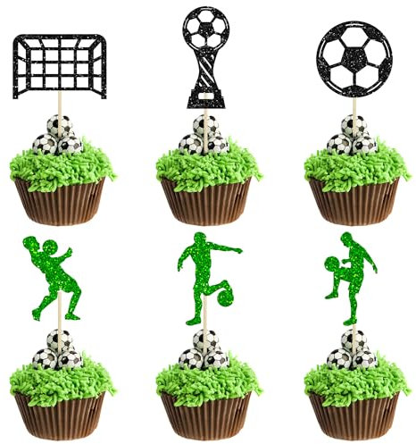 24Pcs Soccer Cupcake Toppers Glitter Soccer Ball Cupcake Picks Sport Cake Decorations Football Theme Birthday Party Baby Shower Kids Boys Men Birthday Party Favors Supplies Green