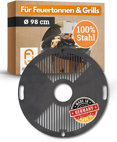 Feuerfest 123 Grillplatte rund I Ø 98cm I Feuerplatte aus Feinkorn-Stahl I Massive Plancha-Platte mit 4mm Stärke I Grillaufsatz für Feuerschale, Feuertonne, BBQ-Grilltonne & Kugelgrill