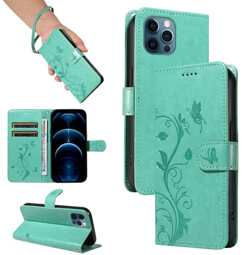 SRISHP Hülle für iPhone 12 Pro Max Handyhülle, Grün | Premium PU Leder, Handyhülle Mit Band, Magnet Flip Case, Kartenfächer, Ständer Klappbar Tasche, Standfunktion Schutzhülle