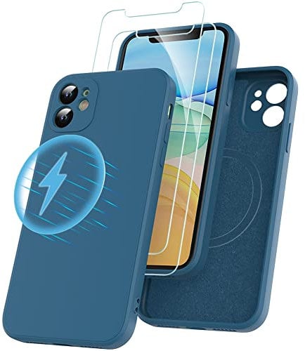 Losvick Magnetic Cover for iPhone 11 Compatible with MagSafe – Silicone Case with 2 Tempered Glass Screen Protector – 6.1 Inches – Night Blue