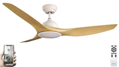 Fanelite - Brasseur d'air 132 cm blanc et bois LONGANA - Moteur DC 35W - Double éclairage LED (inférieur et supérieur) - Télécommande - Wifi - Contrôles vocaux - 3 pales - Très silencieux