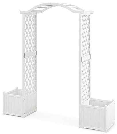 GYMAX Arco da Giardino con Traliccio e 2 Cassette per Piante, Arco in Legno di Abete per Piante Rampicanti, Frutta e Verdura, Arco Decorativo per Feste in Giardino e Matrimoni, Bianco, 183 x 42 x200cm