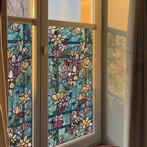 Neukids 40x200cm Fensterfolie Buntglas, Doppelseitig Blaue Magnolie Statisch Haftend Sichtschutzfolie, Statische Fensterfolie Selbstklebende, Schlafzimmer Wohnzimmer Küche Glasaufkleber Dekorfolie