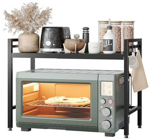 NETEL Soporte para microondas encimera Cocina Organizador hornos estanterías Almacenamiento Extensible microondas Soporte de 40 a 60 cm,con 8 Ganchos, Negro 2 Niveles