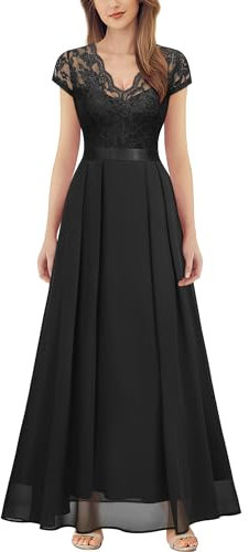 MIUSOL Women's Elegant V-Neck Lace Emprie Waist Bridesmaids Party Gown Formal Maxi Dress (Meidum, Black)