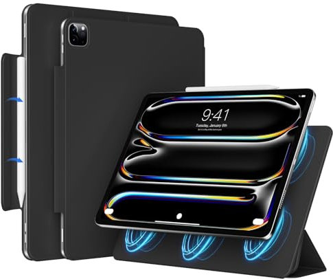 JKSML Neue Magnetisch Hülle für iPad Pro 11 Zoll M4 2024, Dünne Dreifach Faltbare Standhülle Unterstützt Pencil Pro/USB-C, Auto Schlaf/Weck, Rutschfestes und Kratzfestes PU Leder, Schwarz