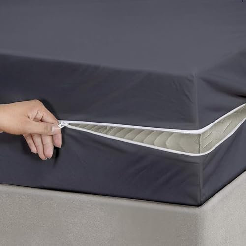 Spannbettlaken mit Reißverschluss, Rv Etagengröße 122 x 190 cm, 38,1 cm tiefe Tasche, Fadenzahl 1800, 100 % gebürstete Mikrofaser, Reißverschluss-Matratzenbezug, nur Spannbetttuch, dunkelgraues