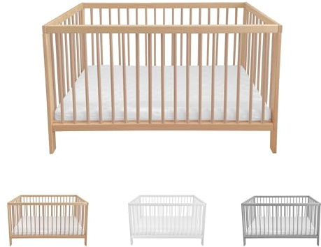 Lantigo Babybett 120x60 cm Naturbelassen Gitterbett Buchenholz Massivholz Kinderbett mit Lattenrost höhenverstellbar 9 Stufen für Neugeborene und Kleinkinder inklusive Matratze