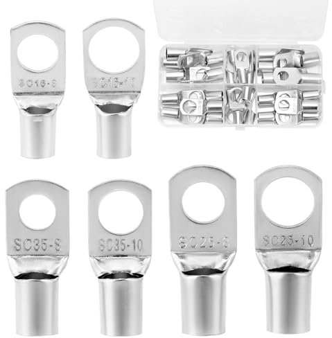 QWORK® Set di 30 capicorda da 16/25/35 mm², Capicorda ad Anello in Rame Stagnato per Cavi Auto, con Occhiello M8 e M10