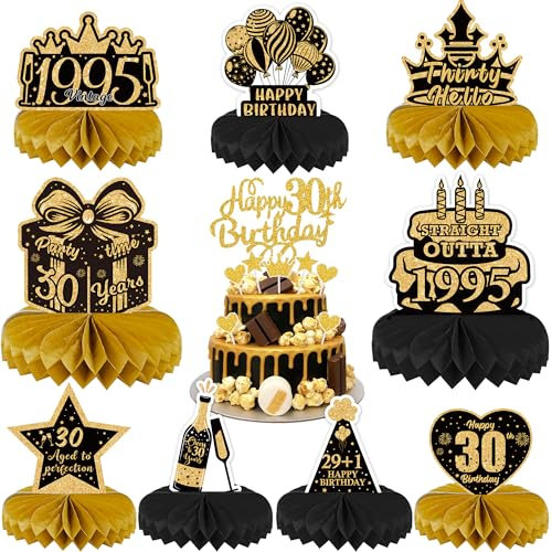 30th Birthday Table Decorations for Men - Black and Gold Party Supplies Honeycomb Centerpieces Cake Toppers for Women, 17 Pieces Cheers to 30 Years Vintage 1995 Decor Happy 30th Birthday